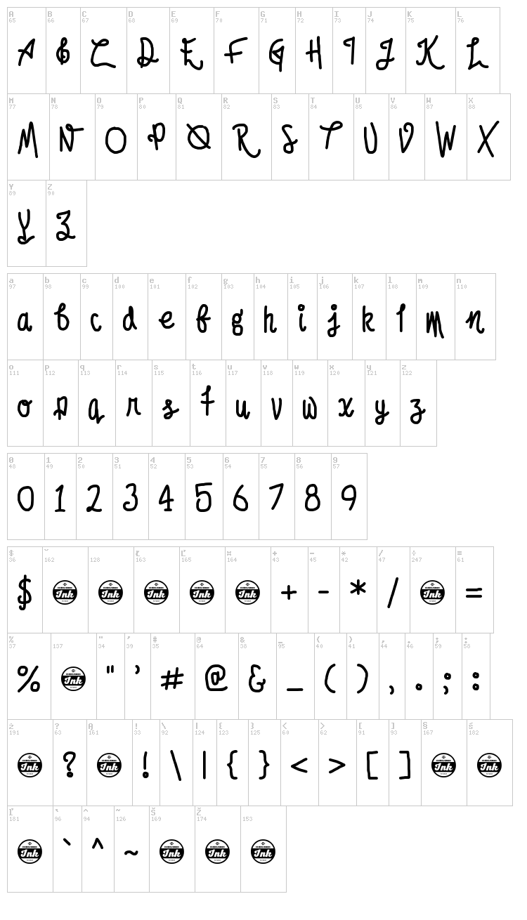 Afroed Dizzy Yak font map
